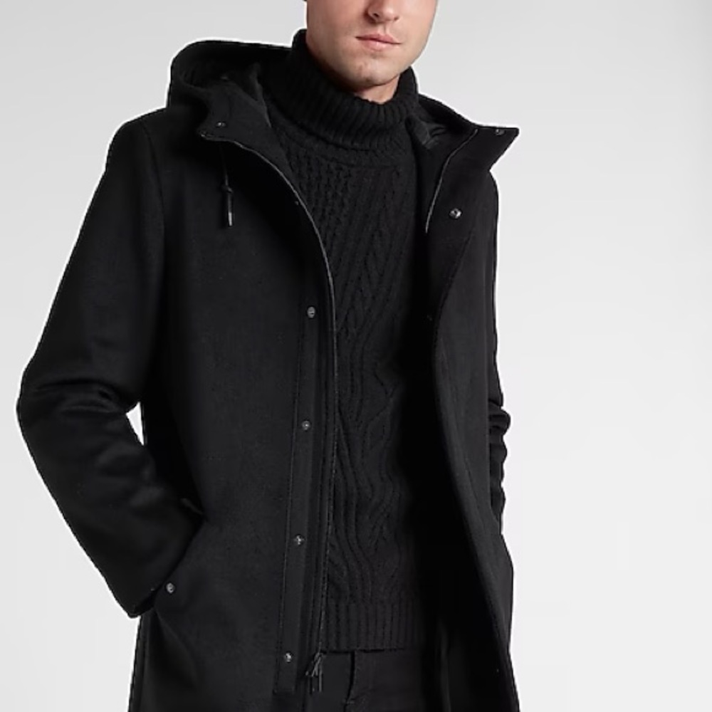 298$ Express Black Wool-Blend Hooded Topcoat Men’s Size L Larger Winter modern